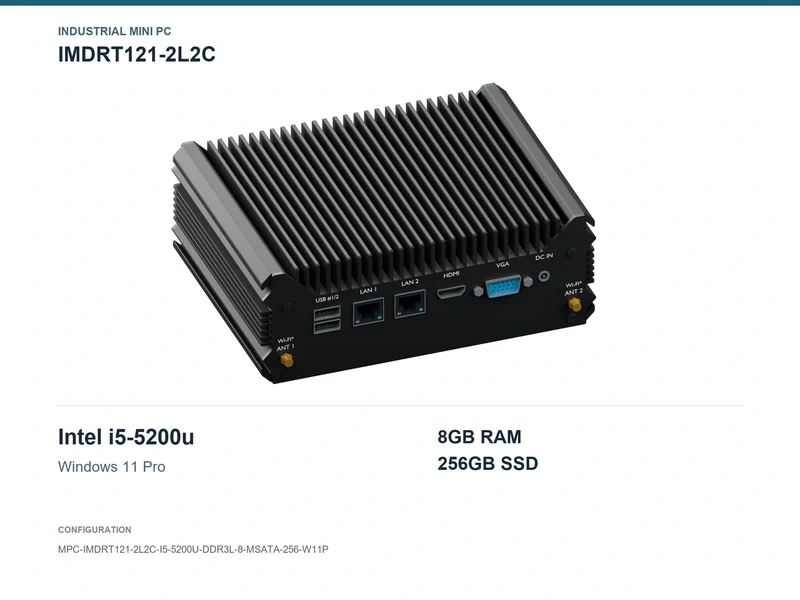 IMDRT121-2L2C Fanless Mini PC - Core i5-5200U, 8GB, 256GB mSATA, Windows 11 Pro