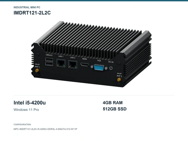 IMDRT121-2L2C Fanless Mini PC - Core i5-4200U, 4GB, 512GB mSATA, Windows 11 Pro