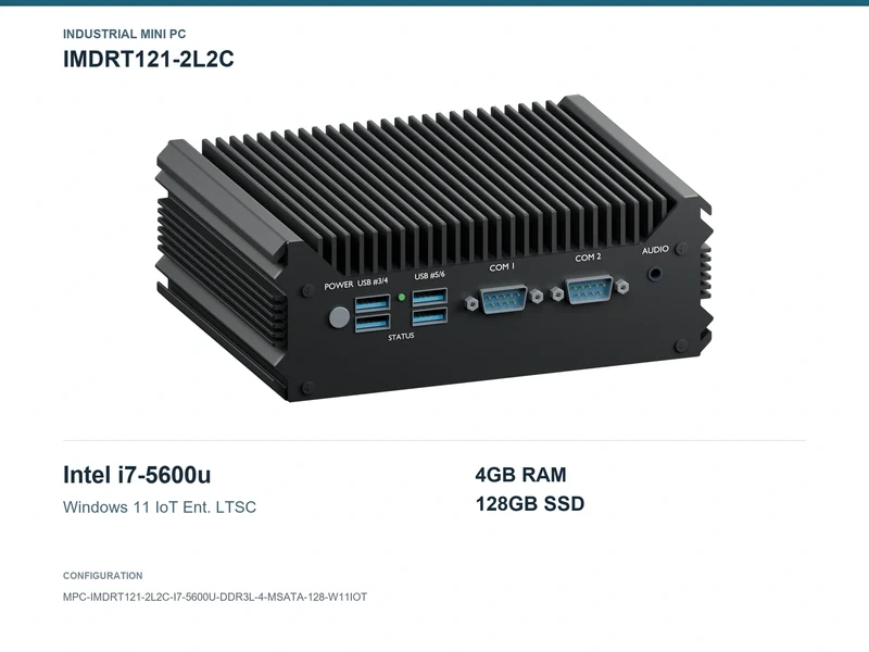 IMDRT121-2L2C Fanless Mini PC - Core i7-5600U, 4GB, 128GB mSATA, Windows 11 IoT LTSC