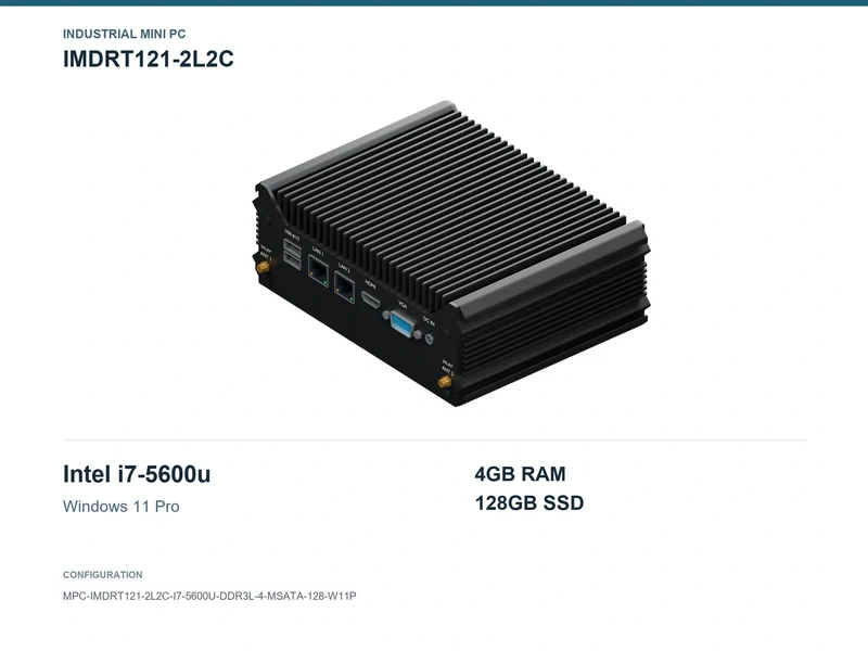 IMDRT121-2L2C Fanless Mini PC - Core i7-5600U, 4GB, 128GB mSATA, Windows 11 Pro