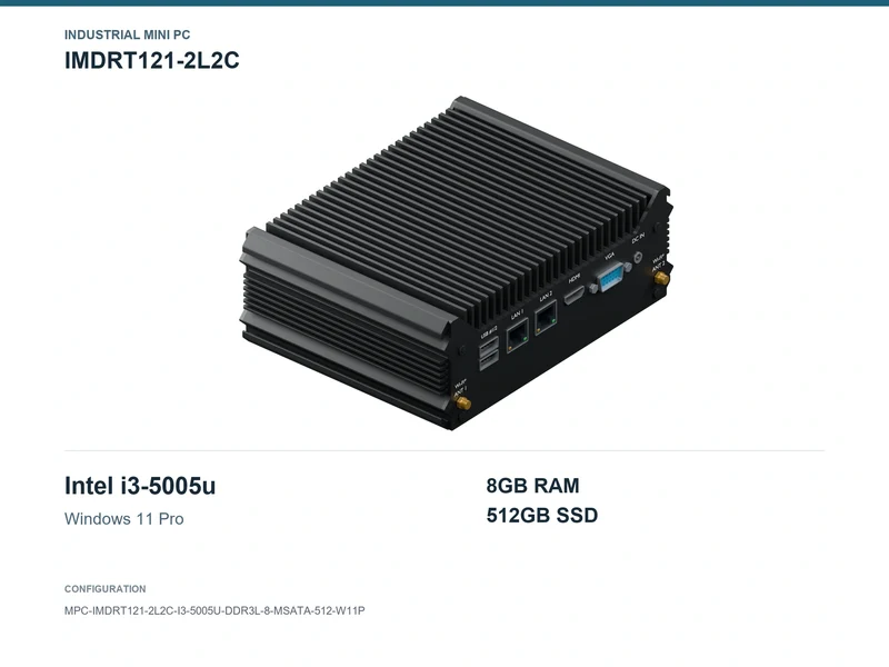 IMDRT121-2L2C Fanless Mini PC - Core i3-5005U, 8GB, 512GB mSATA, Windows 11 Pro
