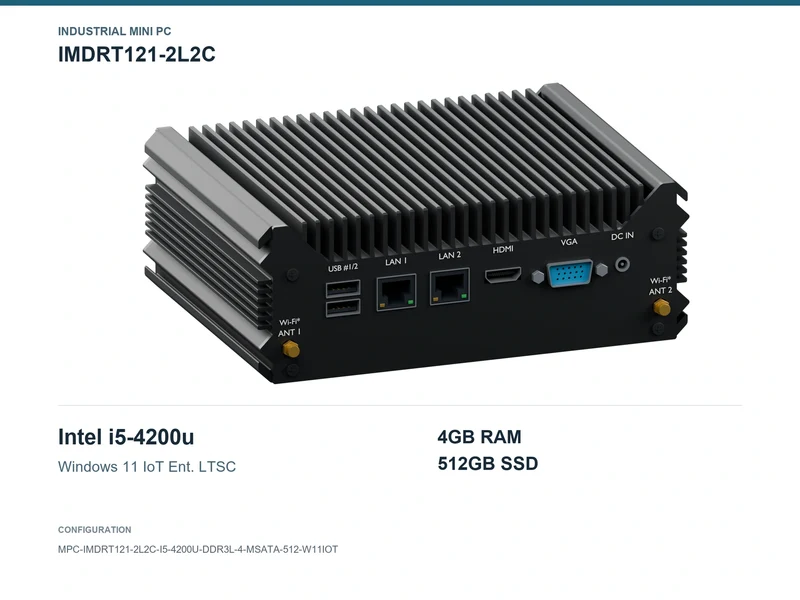 IMDRT121-2L2C Fanless Mini PC - Core i5-4200U, 4GB, 512GB mSATA, Windows 11 IoT LTSC