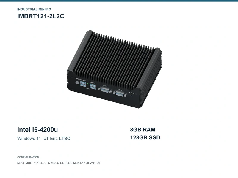 IMDRT121-2L2C Fanless Mini PC - Core i5-4200U, 8GB, 128GB mSATA, Windows 11 IoT LTSC