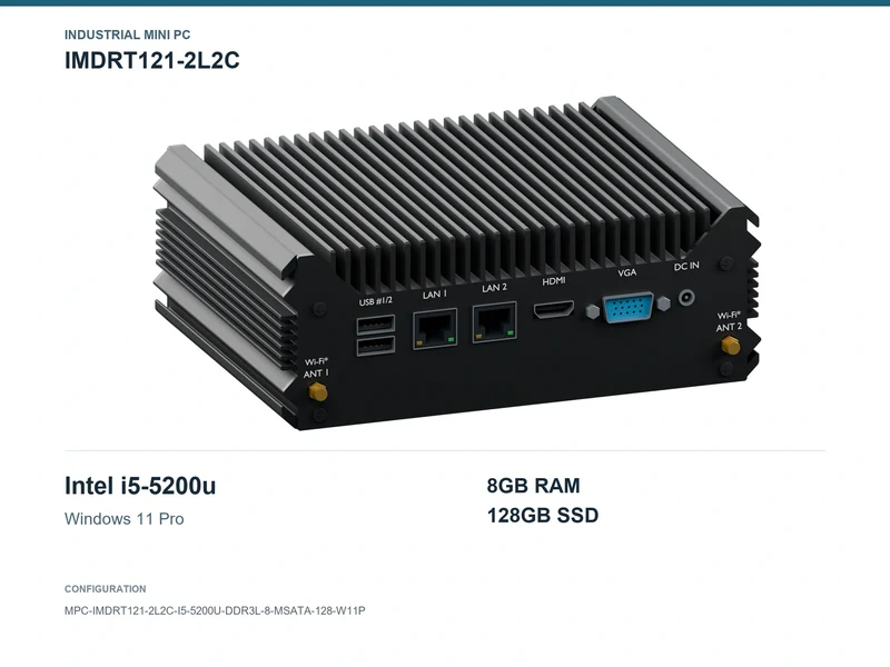 IMDRT121-2L2C Fanless Mini PC - Core i5-5200U, 8GB, 128GB mSATA, Windows 11 Pro