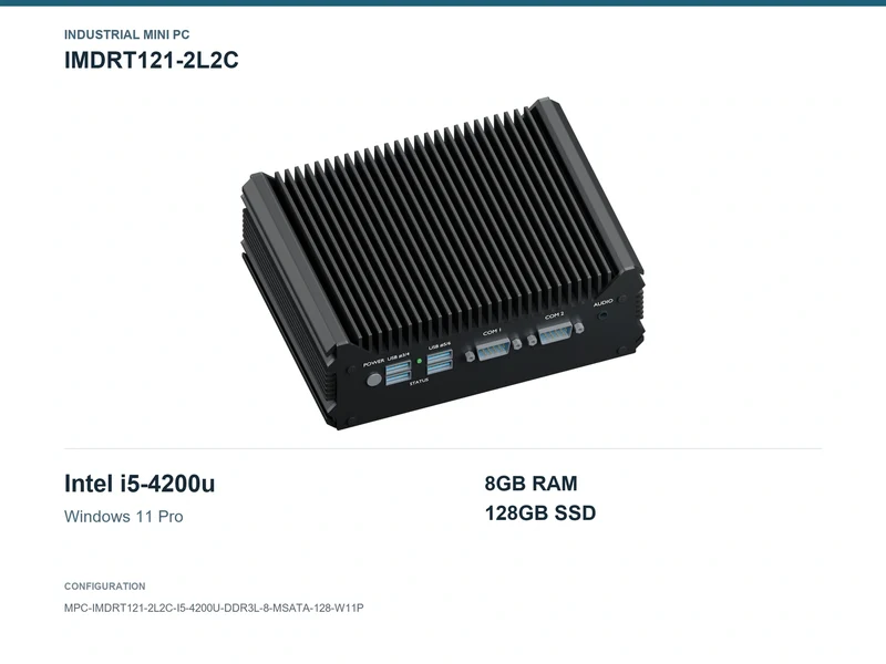 IMDRT121-2L2C Fanless Mini PC - Core i5-4200U, 8GB, 128GB mSATA, Windows 11 Pro