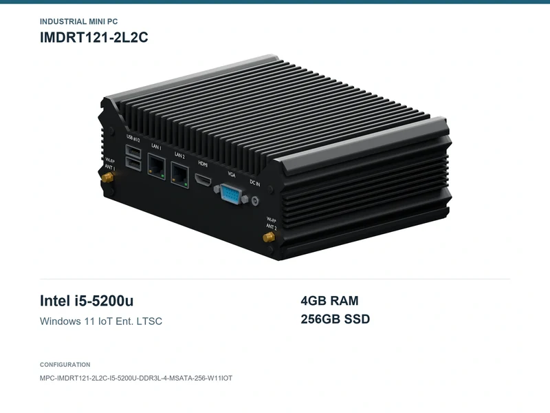 IMDRT121-2L2C Fanless Mini PC - Core i5-5200U, 4GB, 256GB mSATA, Windows 11 IoT LTSC