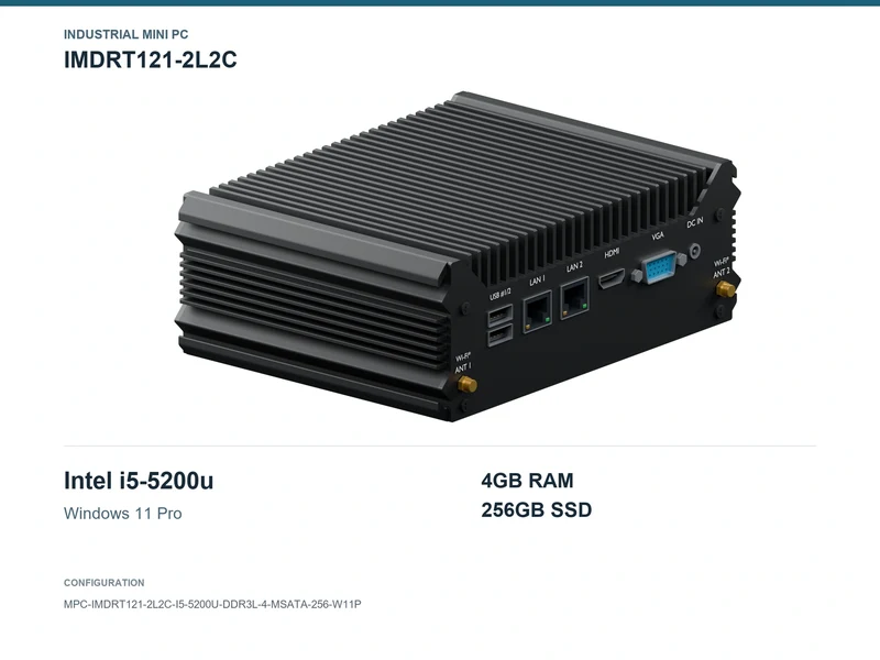IMDRT121-2L2C Fanless Mini PC - Core i5-5200U, 4GB, 256GB mSATA, Windows 11 Pro