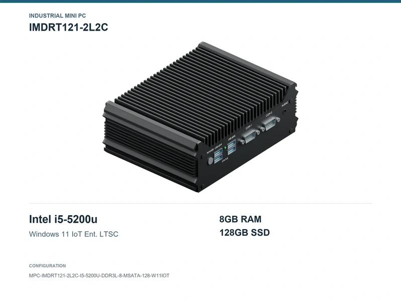 IMDRT121-2L2C Fanless Mini PC - Core i5-5200U, 8GB, 128GB mSATA, Windows 11 IoT LTSC