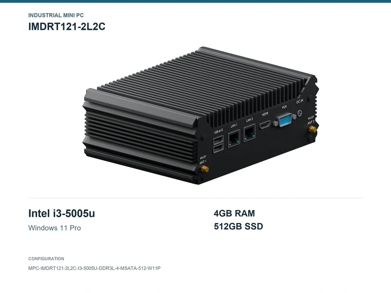 IMDRT121-2L2C Fanless Mini PC - Core i3-5005U, 4GB, 512GB mSATA, Windows 11 Pro
