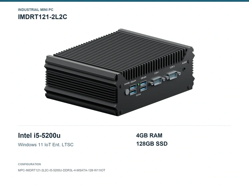 IMDRT121-2L2C Fanless Mini PC - Core i5-5200U, 4GB, 128GB mSATA, Windows 11 IoT LTSC