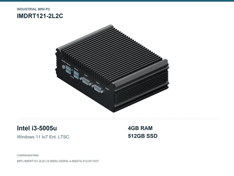 IMDRT121-2L2C Fanless Mini PC - Core i3-5005U, 4GB, 512GB mSATA, Windows 11 IoT LTSC