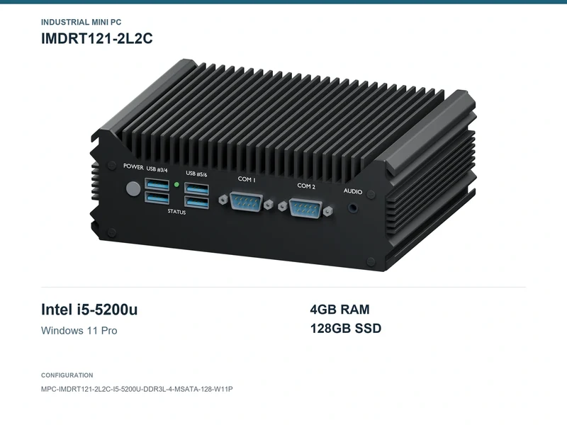 IMDRT121-2L2C Fanless Mini PC - Core i5-5200U, 4GB, 128GB mSATA, Windows 11 Pro