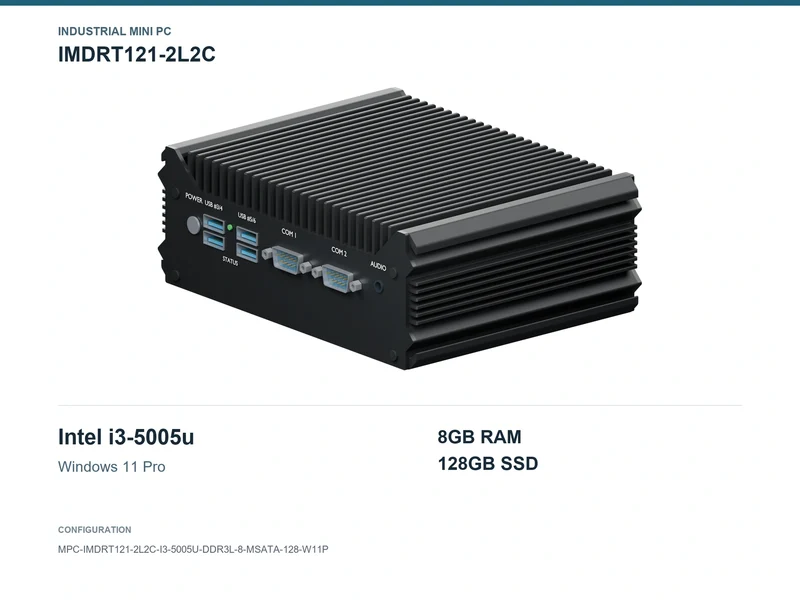 IMDRT121-2L2C Fanless Mini PC - Core i3-5005U, 8GB, 128GB mSATA, Windows 11 Pro