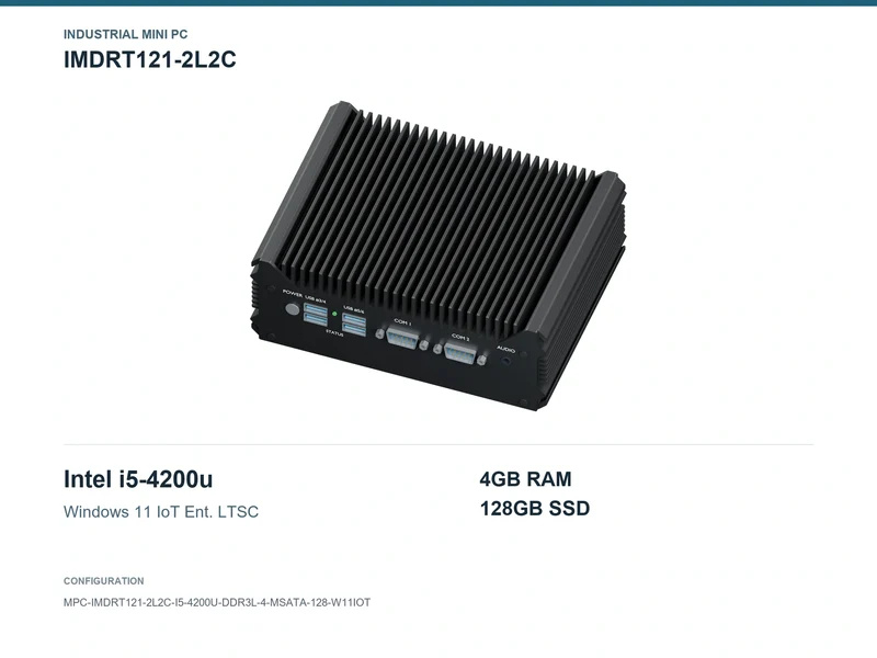 IMDRT121-2L2C Fanless Mini PC - Core i5-4200U, 4GB, 128GB mSATA, Windows 11 IoT LTSC