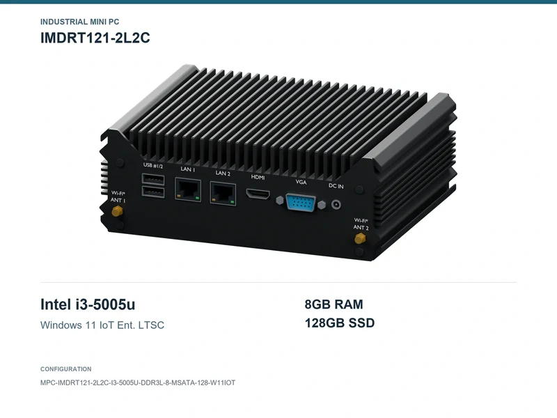 IMDRT121-2L2C Fanless Mini PC - Core i3-5005U, 8GB, 128GB mSATA, Windows 11 IoT LTSC