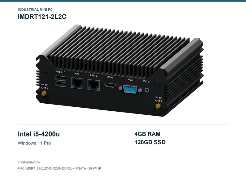 IMDRT121-2L2C Fanless Mini PC - Core i5-4200U, 4GB, 128GB mSATA, Windows 11 Pro