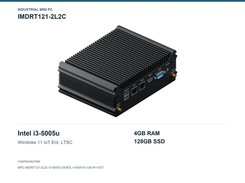 IMDRT121-2L2C Fanless Mini PC - Core i3-5005U, 4GB, 128GB mSATA, Windows 11 IoT LTSC