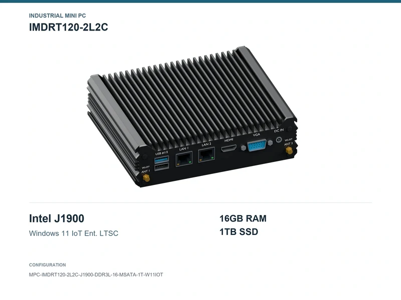 IMDRT120-2L2C Fanless Mini PC - Celeron J1900, 16GB, 1TB mSATA, Windows 11 IoT LTSC