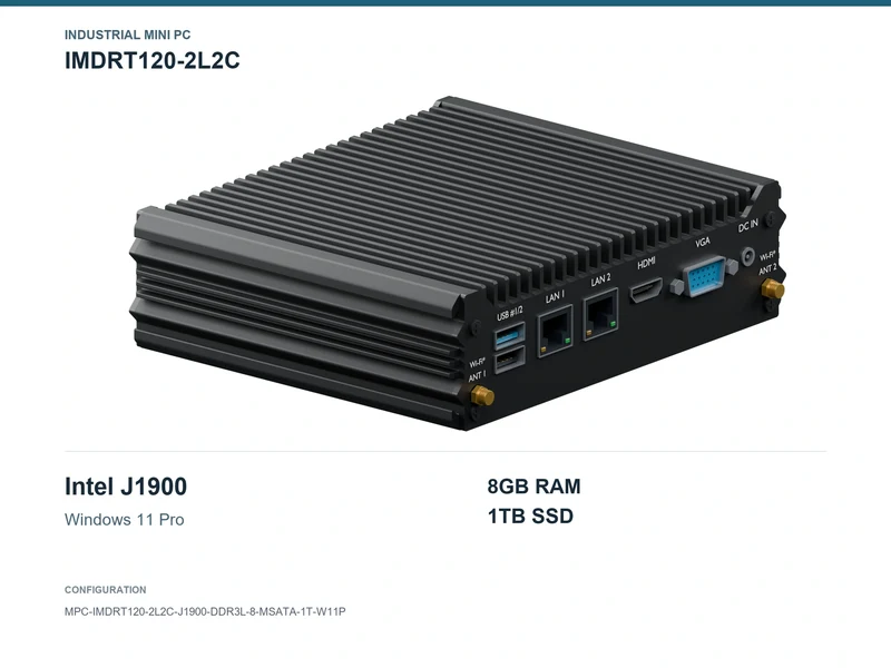 IMDRT120-2L2C Fanless Mini PC - Celeron J1900, 8GB, 1TB mSATA, Windows 11 Pro