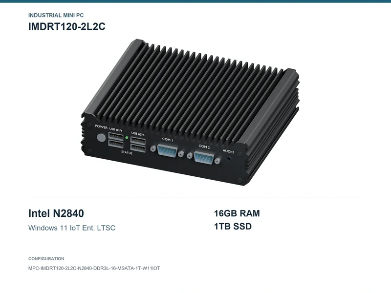 IMDRT120-2L2C Fanless Mini PC - Celeron N2840, 16GB, 1TB mSATA, Windows 11 IoT LTSC
