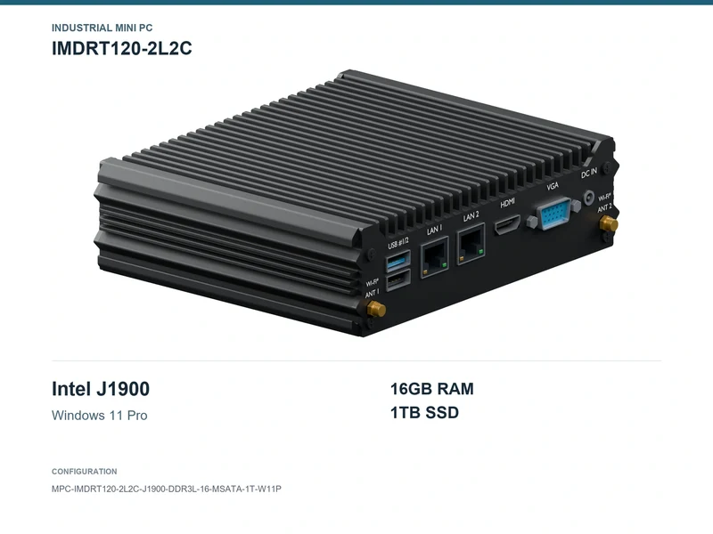 IMDRT120-2L2C Fanless Mini PC - Celeron J1900, 16GB, 1TB mSATA, Windows 11 Pro