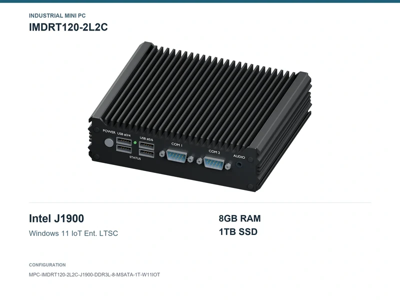 IMDRT120-2L2C Fanless Mini PC - Celeron J1900, 8GB, 1TB mSATA, Windows 11 IoT LTSC