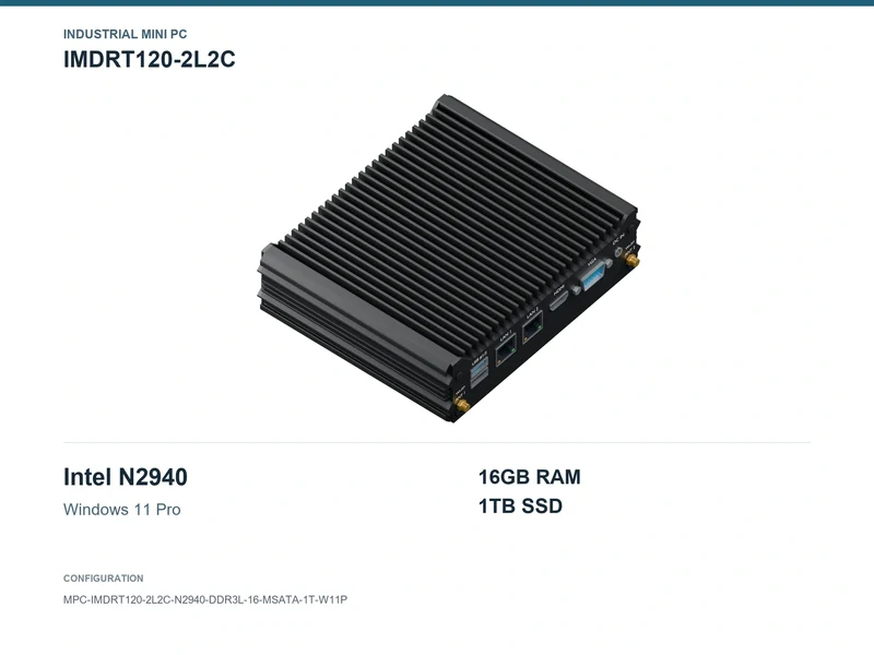 IMDRT120-2L2C Fanless Mini PC - Celeron N2940, 16GB, 1TB mSATA, Windows 11 Pro