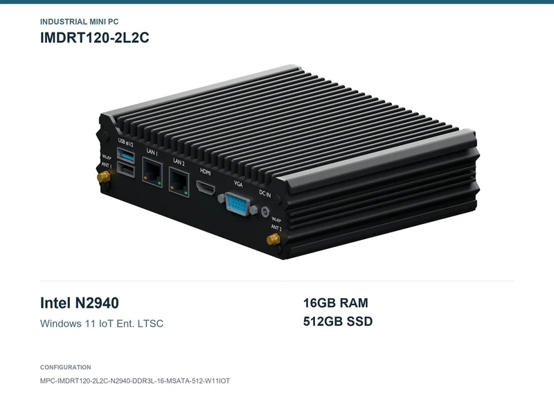 IMDRT120-2L2C Fanless Mini PC - Celeron N2940, 16GB, 512GB mSATA, Windows 11 IoT LTSC