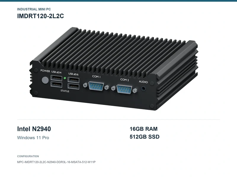 IMDRT120-2L2C Fanless Mini PC - Celeron N2940, 16GB, 512GB mSATA, Windows 11 Pro