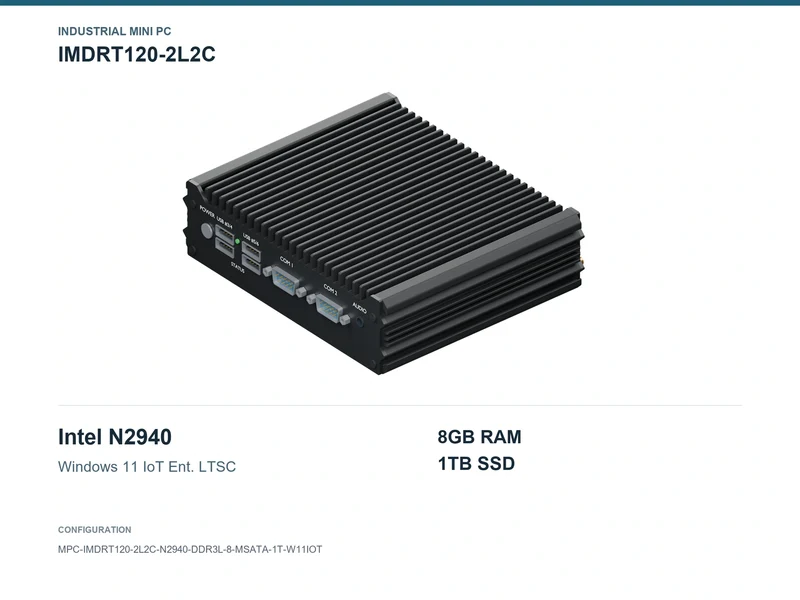 IMDRT120-2L2C Fanless Mini PC - Celeron N2940, 8GB, 1TB mSATA, Windows 11 IoT LTSC