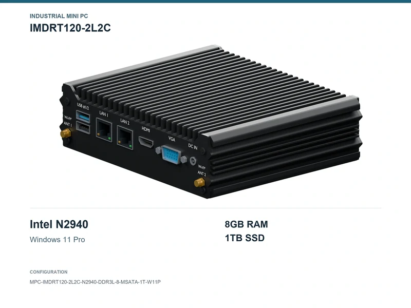 IMDRT120-2L2C Fanless Mini PC - Celeron N2940, 8GB, 1TB mSATA, Windows 11 Pro