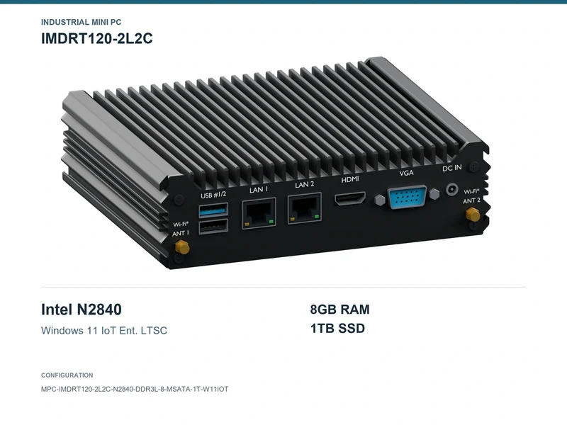 IMDRT120-2L2C Fanless Mini PC - Celeron N2840, 8GB, 1TB mSATA, Windows 11 IoT LTSC