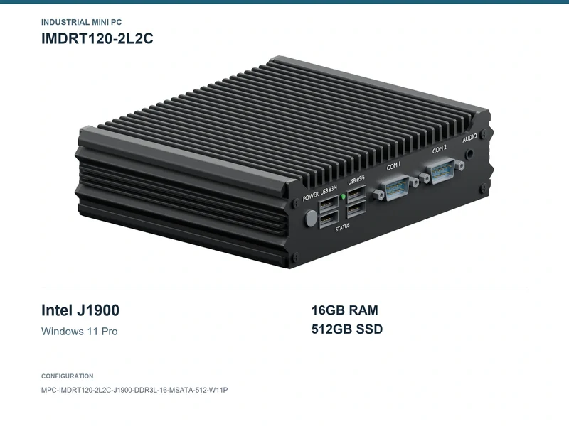 IMDRT120-2L2C Fanless Mini PC - Celeron J1900, 16GB, 512GB mSATA, Windows 11 Pro