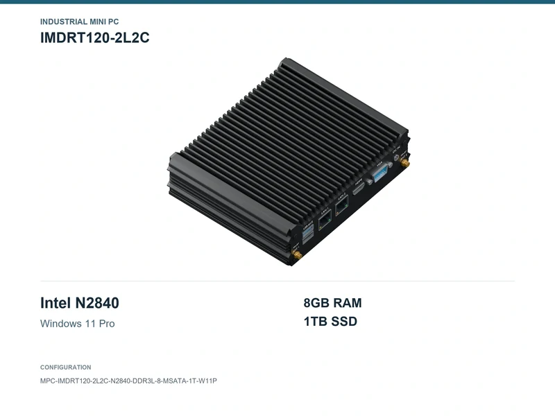 IMDRT120-2L2C Fanless Mini PC - Celeron N2840, 8GB, 1TB mSATA, Windows 11 Pro