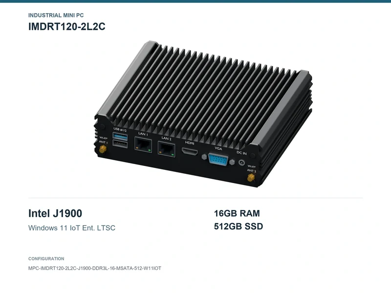 IMDRT120-2L2C Fanless Mini PC - Celeron J1900, 16GB, 512GB mSATA, Windows 11 IoT LTSC