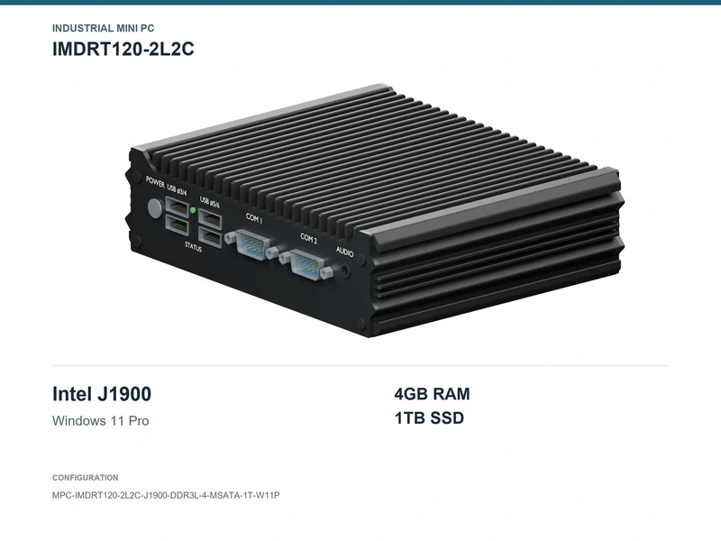 IMDRT120-2L2C Fanless Mini PC - Celeron J1900, 4GB, 1TB mSATA, Windows 11 Pro