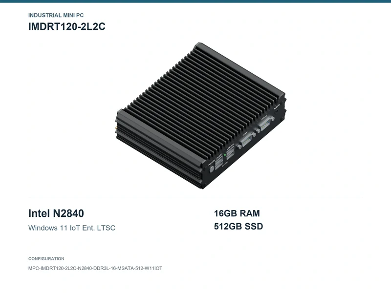 IMDRT120-2L2C Fanless Mini PC - Celeron N2840, 16GB, 512GB mSATA, Windows 11 IoT LTSC