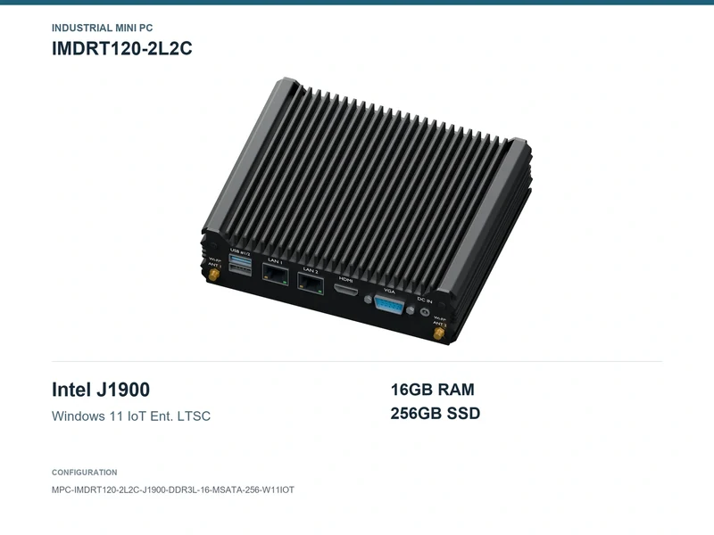 IMDRT120-2L2C Fanless Mini PC - Celeron J1900, 16GB, 256GB mSATA, Windows 11 IoT LTSC