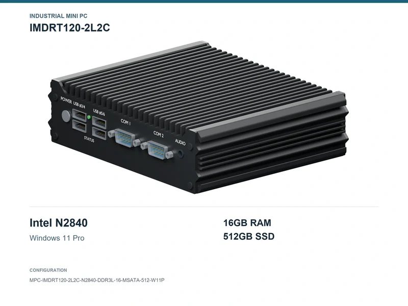 IMDRT120-2L2C Fanless Mini PC - Celeron N2840, 16GB, 512GB mSATA, Windows 11 Pro