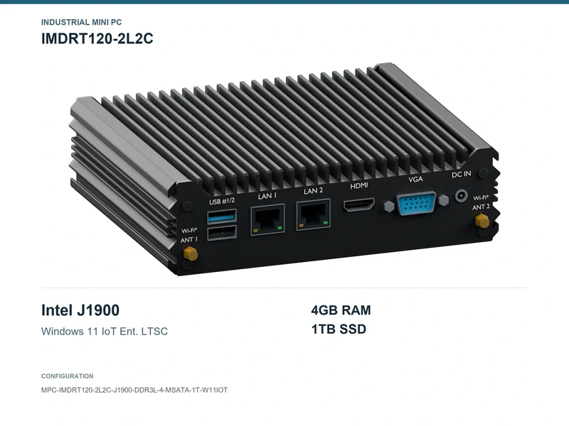 IMDRT120-2L2C Fanless Mini PC - Celeron J1900, 4GB, 1TB mSATA, Windows 11 IoT LTSC