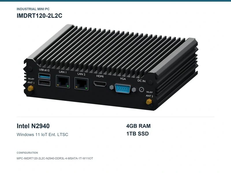 IMDRT120-2L2C Fanless Mini PC - Celeron N2940, 4GB, 1TB mSATA, Windows 11 IoT LTSC