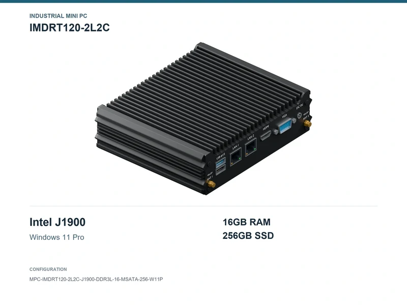 IMDRT120-2L2C Fanless Mini PC - Celeron J1900, 16GB, 256GB mSATA, Windows 11 Pro