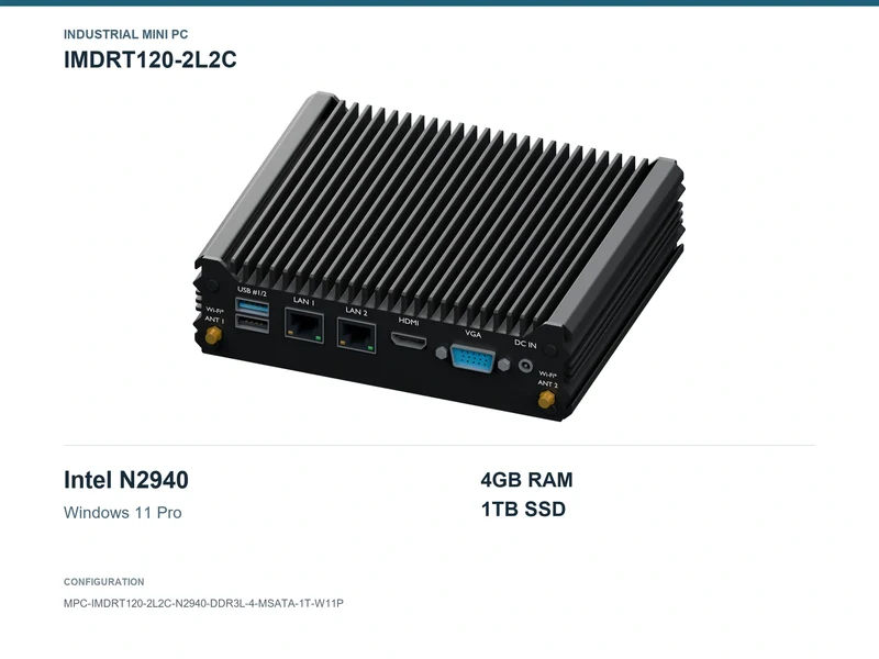 IMDRT120-2L2C Fanless Mini PC - Celeron N2940, 4GB, 1TB mSATA, Windows 11 Pro