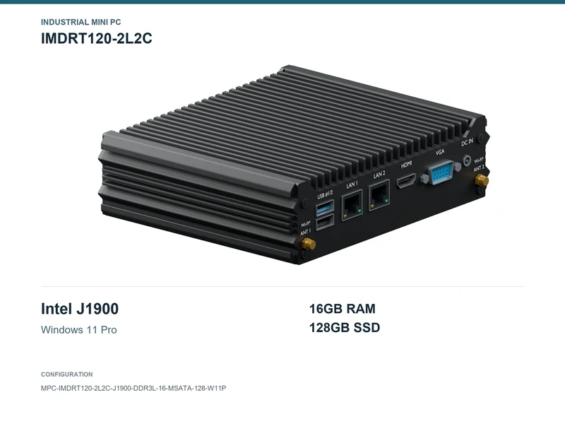 IMDRT120-2L2C Fanless Mini PC - Celeron J1900, 16GB, 128GB mSATA, Windows 11 Pro