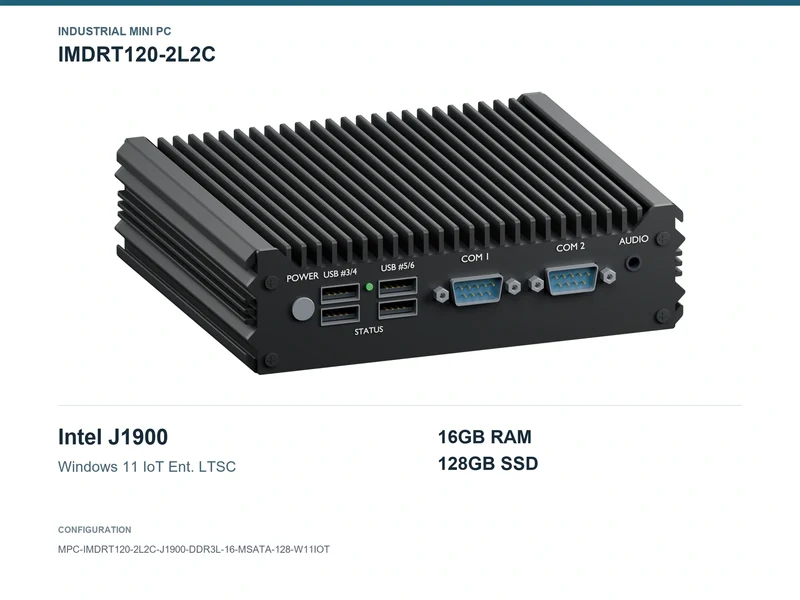 IMDRT120-2L2C Fanless Mini PC - Celeron J1900, 16GB, 128GB mSATA, Windows 11 IoT LTSC