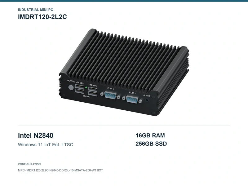 IMDRT120-2L2C Fanless Mini PC - Celeron N2840, 16GB, 256GB mSATA, Windows 11 IoT LTSC