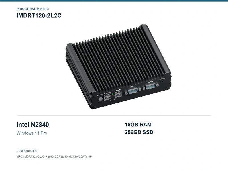 IMDRT120-2L2C Fanless Mini PC - Celeron N2840, 16GB, 256GB mSATA, Windows 11 Pro