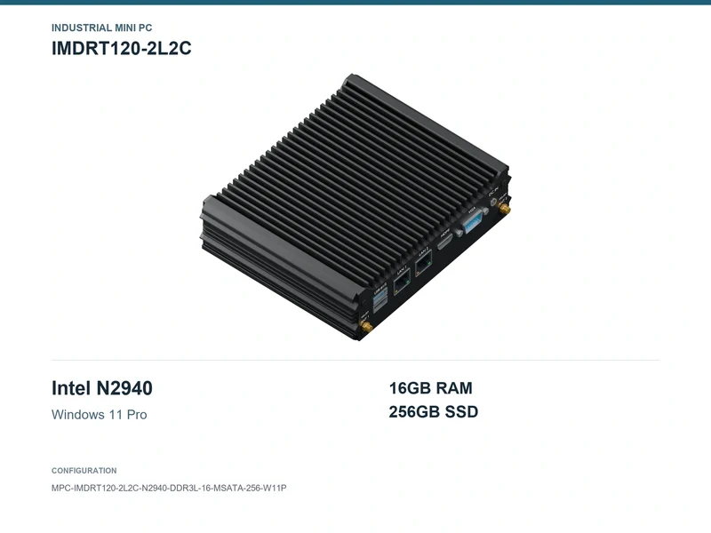 IMDRT120-2L2C Fanless Mini PC - Celeron N2940, 16GB, 256GB mSATA, Windows 11 Pro