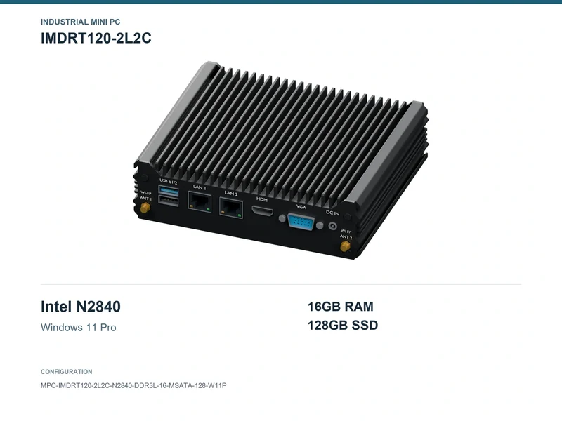 IMDRT120-2L2C Fanless Mini PC - Celeron N2840, 16GB, 128GB mSATA, Windows 11 Pro