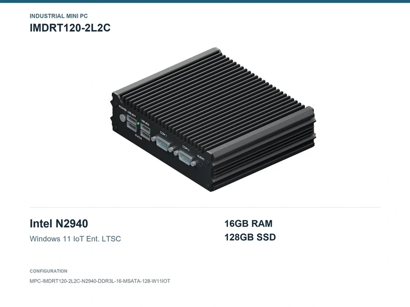 IMDRT120-2L2C Fanless Mini PC - Celeron N2940, 16GB, 128GB mSATA, Windows 11 IoT LTSC